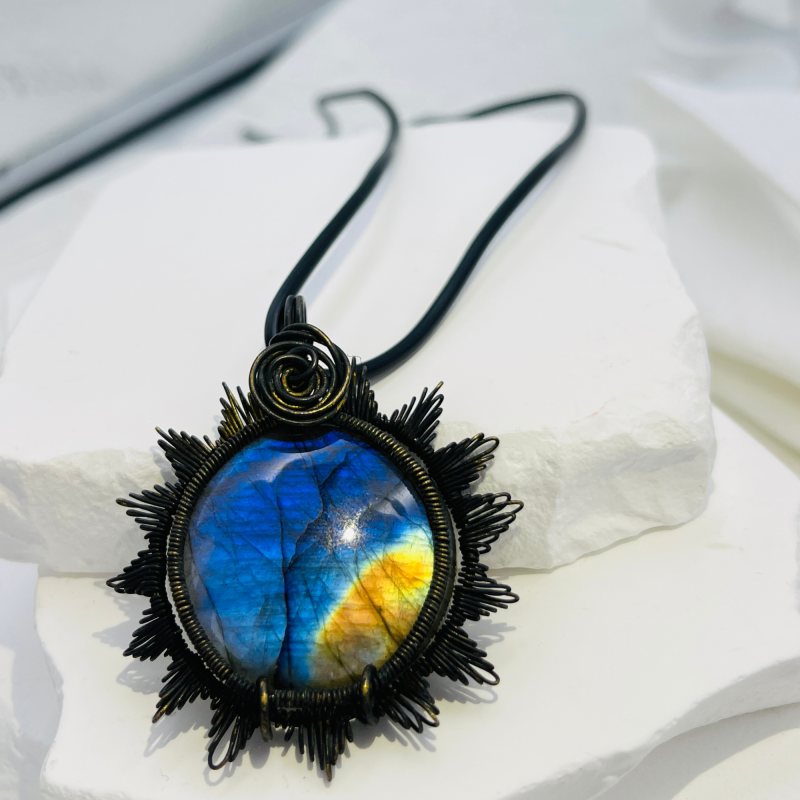 Diamond Earth: Radiant Labradorite Pendant with Triangular Copper Wire Frame