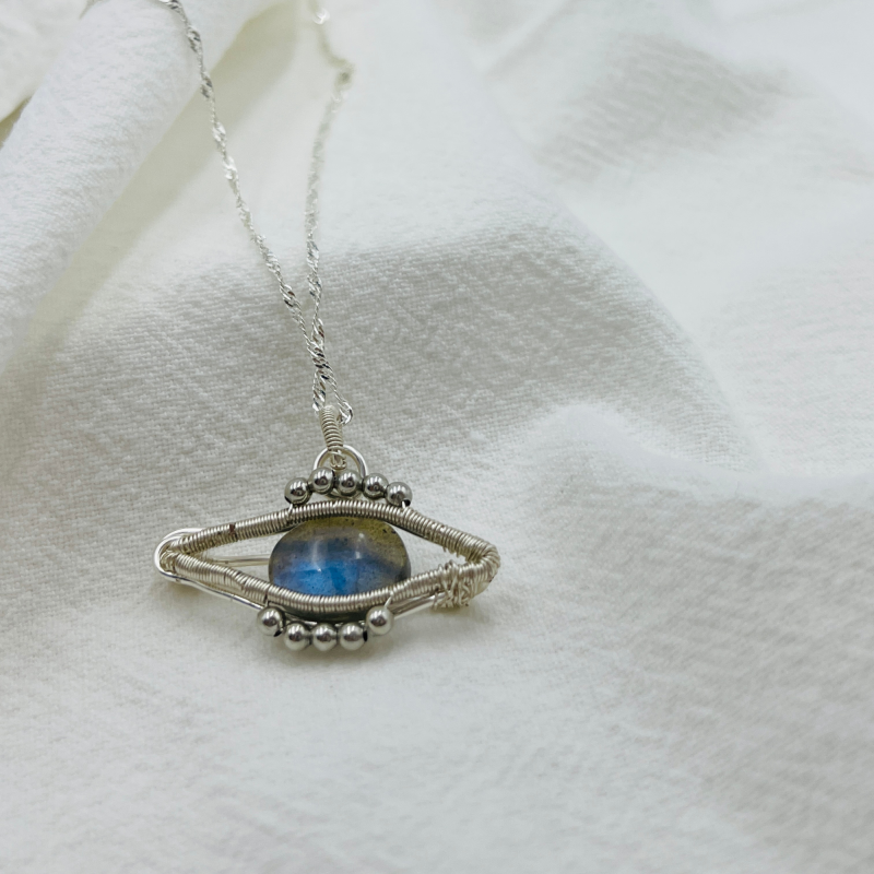 Cosmic Orb: Mystical Labradorite Sphere Pendant with Intricate Silver Celestial Frame