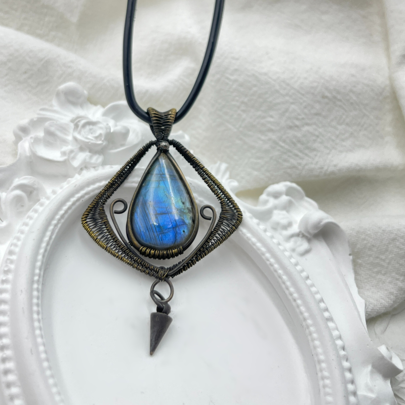 Starry Ocean: Vintage Labradorite Pendant with Antique Copper Celestial Frame